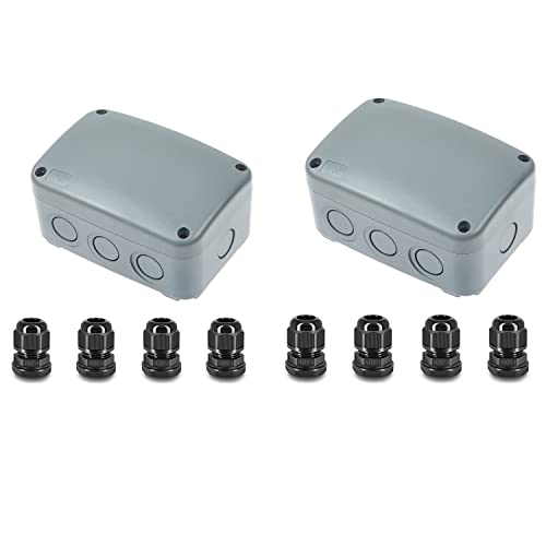 NineLeaf Outdoor Junction Box IP66 Waterproof Electrical Enclosure 4.9"x3.3"x2.3", PVC/ABS Project Box with 4PK 20mm Cable Glands, Weatherproof Grey Case for Outdoor Wire Connections, 2 Set - color: 2PK, size: Medium+4*M20