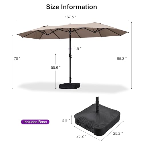 PURPLE LEAF 14ft Patio Market Umbrella with Base Double-Sided Rectangle Outdoor Table Sun Umbrellas with Crank 12 Heavy Duty Sturdy Ribs for Pool Beach Deck Backyard Taupe - color: Taupe, size: 14' X 8'