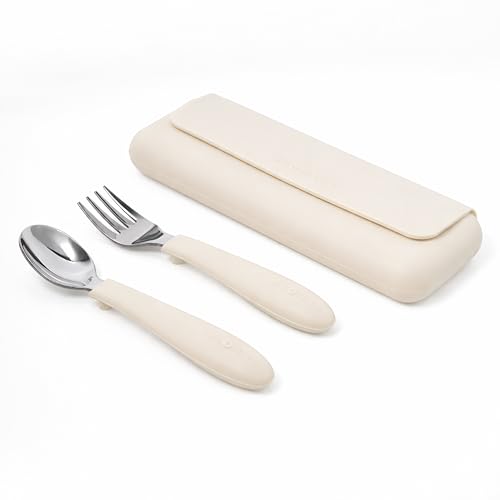 ASOMIC Premium 316 Stainless Steel Toddler Utensils with Silicone Handles & Travel Case, Kids Spoon & Fork Set for Toddler Self Feeding at Daycare, Preschool & School, BPA-Free, Dishwasher Safe - color: Ivory