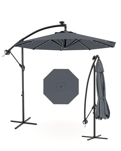 Jojoka 10FT Cantilever Patio Umbrella with Solar LED Lights - Offset Outdoor Umbrella - Easy Lift & Tilt - UV Protection - Fade Resistant - Ideal for Deck, Pool, Garden - color: Grey