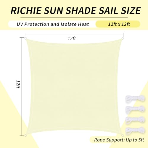 RICHIE Upgrade 12'x12' Sun Shade Sail Square Canopy, Water Resistant & UV Block Sunshade for Outdoor Patio Lawn Beach Garden Carport Backyard Deck Pergola, Beige - color: Beige, size: 12'x12', style: Rectangle
