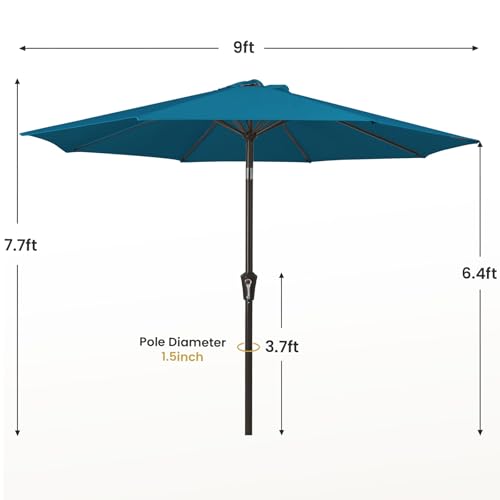 MEWAY 9ft Patio Umbrella Outdoor Table Umbrellas with Push Button Tilt and Crank, Market Umbrella 8 Sturdy Ribs for Deck, Garden, Pool and Backyard, Lake Blue - color: Lake Blue, size: 9ft