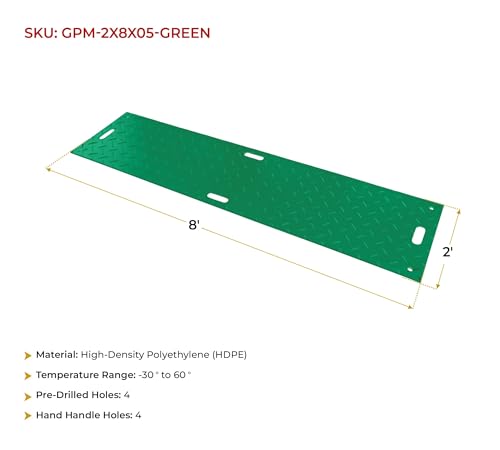 Mytee Products 5 Pk 2' x 8' Green Ground Protection Mats with Double Sided Diamond Plated Tread Design - High Density Polyethylene Mat, Easily Supports 50 Ton Loads on Lawns, Dirt, and Any Other Areas - color: Green, size: 2 x 8 Feet, style: 5 - Pack