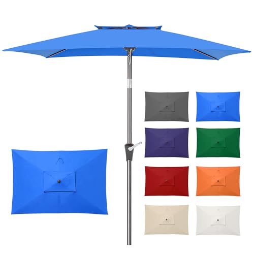 6.6 x 10 ft Rectangular Patio Umbrella, Outdoor Market Table Umbrella with Push Button Tilt and Crank, Double-Tier Vent, 6 Ribs, Rectangle Patio Umbrella for Backyard, Deck, Pool, Fits 4–6 Chairs and Tables (Blue) - color: Blue