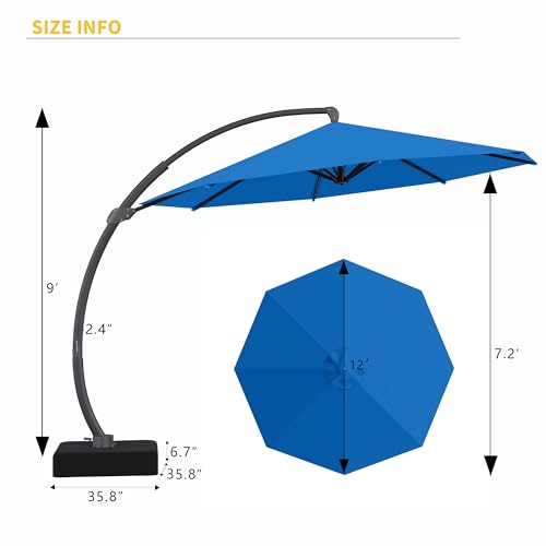 Kingdura 12ft Offset Cantilever Patio Umbrella with Base Included, Large Round Aluminum Outdoor Umbrella, 360° Rotation & Infinite Tilt, Heavy Duty Frame for Deck Pool Backyard, Royal blue - color: Royal blue, size: 12 FT