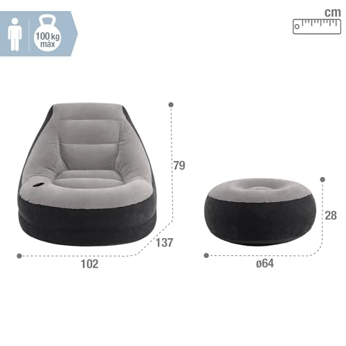 Intex 68564EP Ultra Lounge Inflatable Chair: Built-in Cupholder – Ottoman Foot Rest – 2-in-1 Valve – Flocked Construction – 220lb Weight Capacity - size: 1 Pack