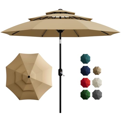 Garvee 10Ft 3-Tier Patio Umbrella, Outdoor Table Umbrella with Vents, Easy Crank and Push Button Tilt, Market Umbrella with 8 Sturdy Ribs for Pool, Deck, Yard, Garden -Tan - color: Tan, size: 10FT
