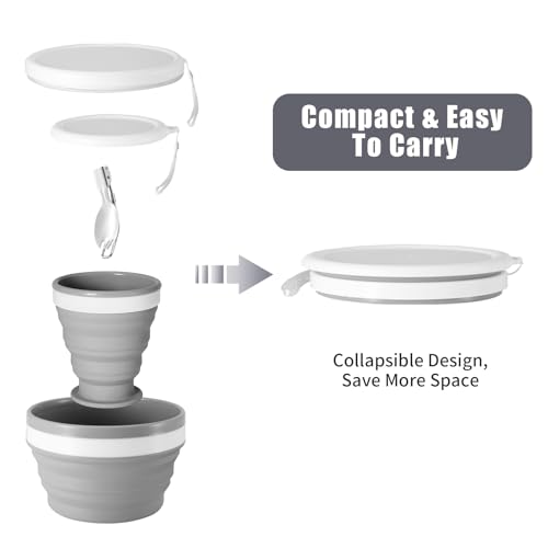 Odoland Camping Collapsible Silicone Cup and Bowl Set, Portable Mess Kit with Stainless Steel Spork and Lid for 1 Person Backpacking, Family Cookware, Hiking, Picnic, Travel