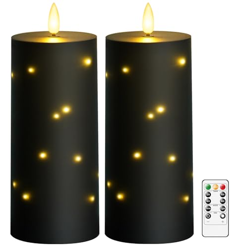 kakoya 10" x 4" Large Outdoor Waterproof Flickering Flameless Candles with Timer,2Pcs Battery Operated LED Pillar Candles with Embedded Star String for Outdoor Lanterns,Porch,Patio Decor(Black) - color: Black, size: 2PCS-D4"xH10"