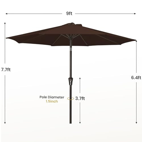 MEWAY 9ft Patio Umbrella Outdoor Table Umbrellas with Push Button Tilt and Crank, Market Umbrella 8 Sturdy Ribs for Deck, Garden, Pool and Backyard, Brown - color: Brown, size: 9ft