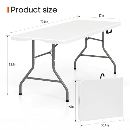 Folding Table 6FT 350 LBS Heavy Duty Foldable Table with 18% Thicker HDPE Waterproof Top, Portable Fold in Half with Handle, Reinforced Steel Frame for Indoor Outdoor Party Events - color: White-a, size: 6FT