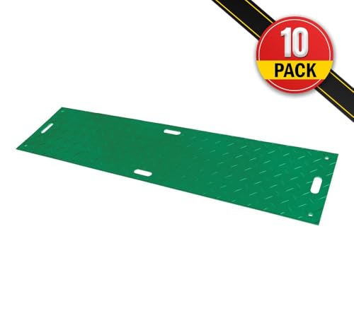 Mytee Products 10 Pk 2' x 8' - 1/2" Thick Heavy Duty Green Ground Protection Mats with Diamond Plated Tread - Easily Supports 50 Ton Loads - HDPE Construction Mat for Equipment Lawns Landscapers - color: Green, size: 2 x 8 Feet, style: 10 - Pack