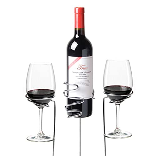 TRUE Picnic Stix Wine Glass & Bottle Holders, Chrome Outdoor Drink Dolder Stakes, Outdoor Cup Holder, Yard Cups, Set of 3, Fits 2 Glasses and 1 Bottle