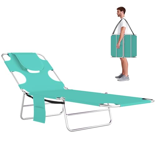 Outsunny Chaise Lounge Chair Outdoor with Face Arm Hole, 5-Position Reclining Face Down Tanning Chair with Carry Strap, Side Pocket, Portable Folding Bed Cot for Patio Beach Pool, Light Green - color: Light Green, size: 1 Piece