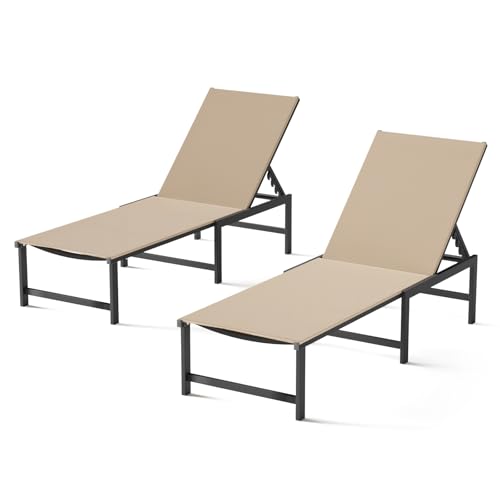 Chaise Lounge Chair Outdoor,Aluminum Patio Lounge Chairs Set of 2,Pool Lounge Chairs with 5 Adjustable Backrest for Outside Beach Lawn and Backyard Khaki - color: Khaki, size: 2 Chairs