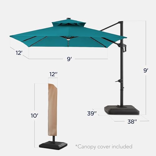 Best Choice Products 9x12ft LED Cantilever Patio Umbrella w/Base Included & 360° Rotation, Large Solar Offset Hanging Outdoor Sun Shade for Deck, Backyard Table w/Stand & Lights – Cerulean - color: Cerulean, size: 9x12ft