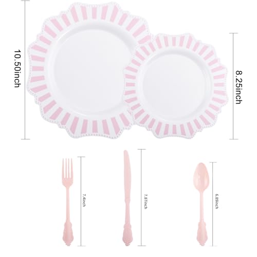 COLOSUS 150pcs Disposable Pink and White Stripped Plastic Plates and Silverware set, Light Pink Dinner/Dessert Plates silverware serve 30guests for Easter Day, Wedding Party and Daily use. - color: White+Pink
