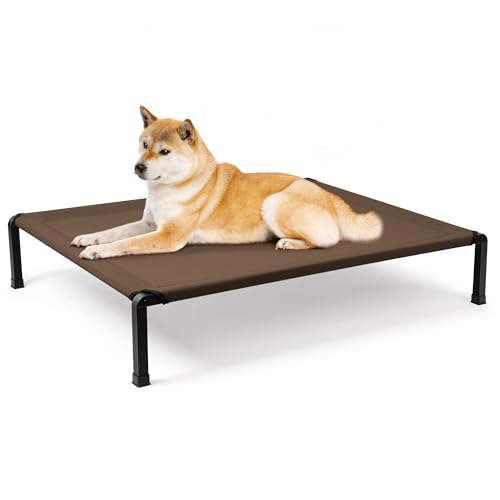 Heeyoo Elevated Dog Bed, Cooling Raised Pet Cot with Chew Proof Mesh Fabric and Steel Frame, Portable Dog Cot Bed with No-Slip Rubber Feet, 42 in - color: Brown, size: 42"L x 30"W x 8"H