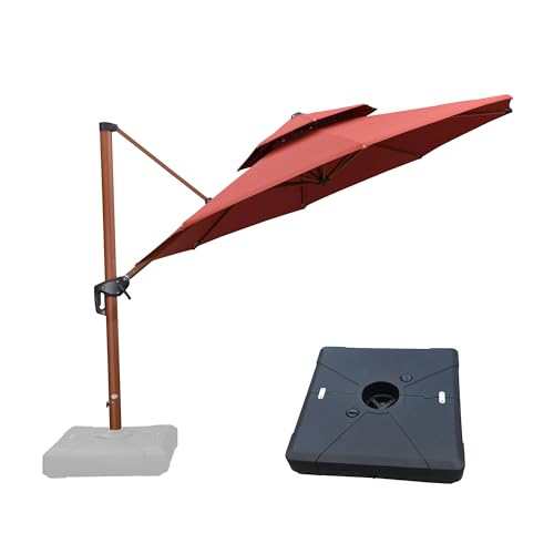 PURPLE LEAF Outdoor Umbrella with Base Patio Round Umbrellas Large Cantilever Parasol Windproof Offset Heavy Duty Sun Umbrellas for Garden Deck Pool Patio, 10ft Brick Red - color: Brick Red, size: 10 Feet, style: Base Included