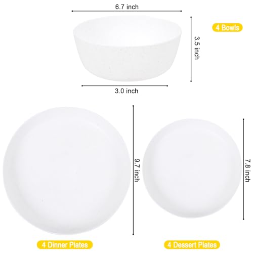 EI 12pcs White Wheat Straw Plates,Wheat Straw Dinnerware Set,Plates and Bowls Sets,Unbreakable Plastic Plate,Plastic Plates Reusable,Dinner Plates Set of 4,Plastic Dishes Set - color: White Wheat Straw Plates and Bowls