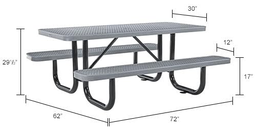 Global Industrial 6’L Rectangular Picnic Table, Expanded Metal, Gray Thermoplastic Coating, Attached Benches, 1-1/2” Umbrella Pole Hole, Outdoor-Rated, 1000 lb Capacity, 72” x 30” Tabletop - color: Grey