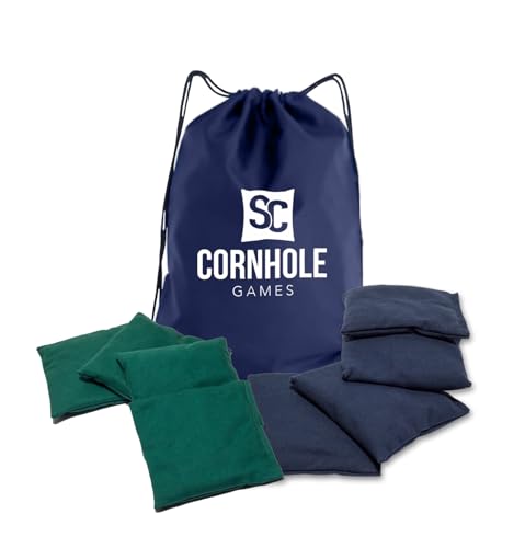 Weather Resistant Cornhole Bags (Set of 8) with Heavy Duty Tote - Professional Regulation 16oz Size & Weight - color: Navy Blue/Hunter Green