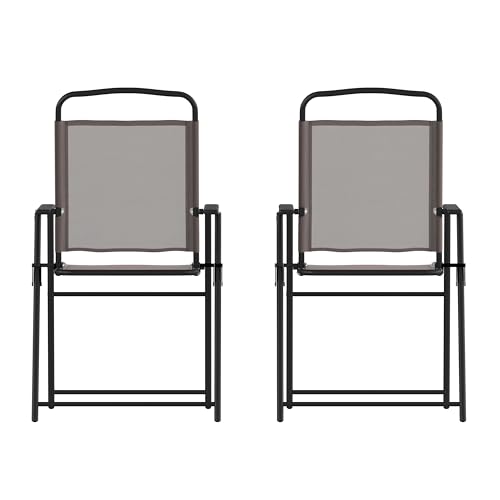 Flash Furniture Mystic Folding Patio Sling Chairs, Outdoor Textilene Lawn Chairs with Armrests, Set of 2, Brown - color: Brown