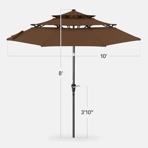 Best Choice Products 10ft 3-Tier Market Patio Umbrella, Outdoor Sun Shade with Tilt, Crank Lift, 8 Ribs for Backyard, Deck, Poolside - color: Brown