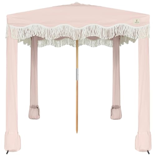 AMMSUN Beach Cabana with Fringe, 7' x 7' Boho Beach Canopy with Tassels, Easy Set up & Premium Wood Pole, Cabana Tent with Sand Pockets, Instant Sun Shade for Sand, Garden, Patio, Pink Coral - color: Pink Coral