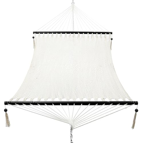 PNAEUT 2 Person Rope Hammocks for Outside, Handwoven Double Caribbean Hammock with Spreader Bar for Outdoor Indoor, Max 600 lbs Capacity (Cream) - color: Cream