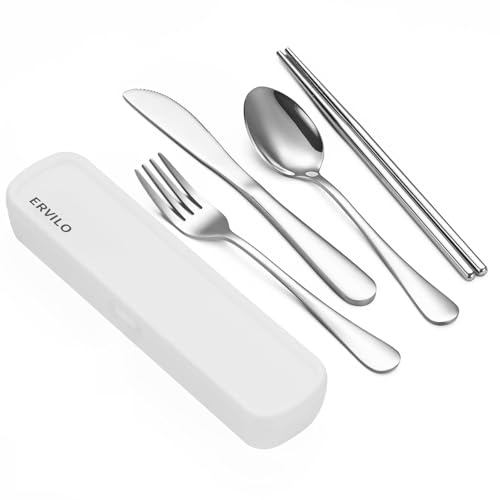 Travel Utensils with Case, Stainless Steel Camping Cutlery Set, Reinforced Case with Snap-Lock Closure, Include Fork Spoon Knife Chopsticks, Portable Lunch Box Silverware for Picnic Office, Silver - color: Silver