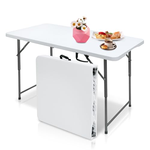 AJP Distributors 4 Foot Portable Plastic Folding Table 4FT 48" Half Foldable Heavy Duty Top w/Carry Handle - Indoor Outdoor Backyard Camping Picnic BBQ Party Wedding Dining Office Event Meeting White - color: White, size: 4 Foot