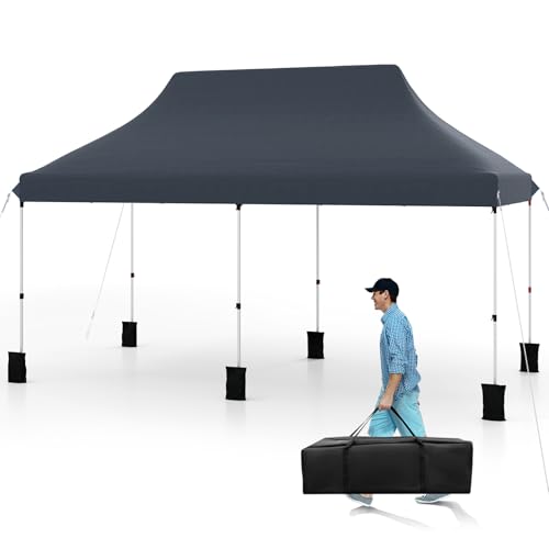 Tangkula 10x20 Ft Pop Up Canopy, Instant Setup Outdoor Tent with 6 Sand Bags, 12 Stakes & 6 Ropes, UPF 50+ Portable Canopy Tent with Carrying Bag for Camp, Beach, Patio (Black) - color: Black, size: 10x20 Ft