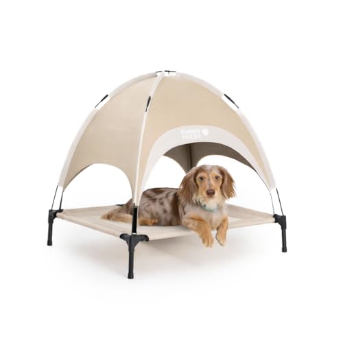 FUNNY FUZZY Elevated Cooling Dog Bed with Canopy(30"x24"x7"), Khaki, Outdoor Raised Dog Cot with Shade, Cooling Breathable Mesh Pet Bed, Portable Waterproof Dog Camping Bed for Large Medium Small Dogs - color: Khaki, size: Medium
