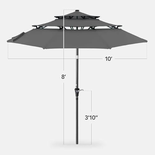 Best Choice Products 10ft 3-Tier Market Patio Umbrella, Outdoor Sun Shade with Tilt, Crank Lift, 8 Ribs for Backyard, Deck, Poolside - color: Gray