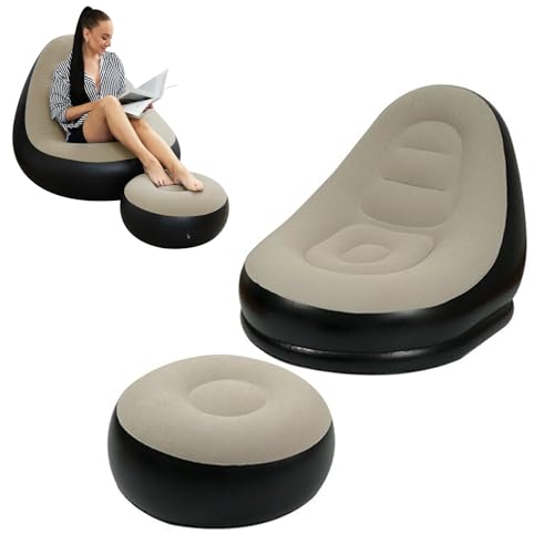 Inflatable Lounge Sofa with Foot Stool,Portable Flocking Recliner Chair Air Couch for Adult,PVC Blow Up Lounger Chair for Home Outdoor (Grey(No Pump)) - color: Grey(no Pump)
