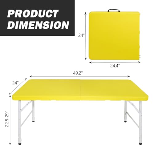 Portable Plastic Folding Table 4ft/6ft/8ft Heavy Duty White Black Picnic Dining Table Fold-in-Half for Camp Party Kitchen Indoor Outdoor - color: Yellow, size: 4FT, style: Flat Desktop