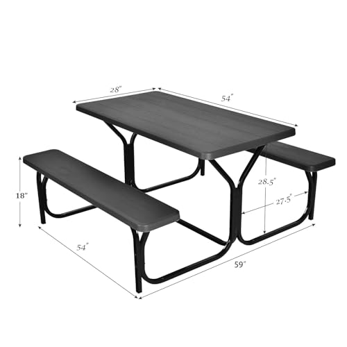 Giantex Picnic Bench Set Outdoor Camping All Weather Metal Base Wood-Like Texture Backyard Poolside Dining Party Garden Lawn Deck Large Picnic Tables for Adult (Black) - color: Black, size: 4.5FT