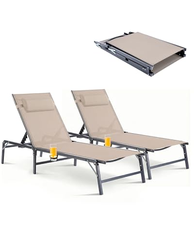 2 Pack Foldable Chaise Lounge Chair with Cup Holder, Assemble-Free Outdoor Lounge Chair with Detachable Pillow and 6 Adjustable Backrest, Patio Lounge Chair for Outside Poolside Beach Pool, Khaki - color: Khaki, size: 2-Pack