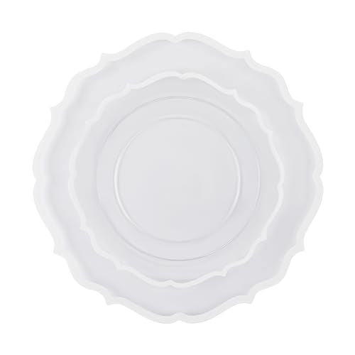 PLASTICPRO 32 Pack Elegant Disposable Plastic Plates Combo Set Includes 16 Dinner Plates and 16 Salad Plates Heavy Duty Fancy Party Plates Clear & White Contemporary Design - color: Clear & White Contemporary