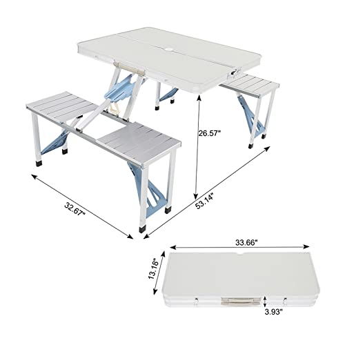 Outvita Portable Picnic Table with Seats, Folding One-Piece Dining Table Set with Suitcase Umbrella Hole for BBQ Gathering Travel Party Beach Patio - color: Silver