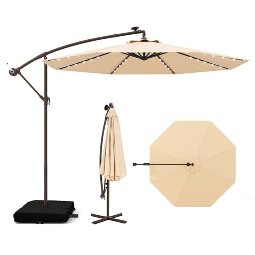 Tangkula 10FT Offset Patio Umbrella with Base Included, Outdoor Cantilever Umbrella with 40 Solar LED Lights, Tilt Adjustment, Crank Handle, Vented Top, Sand Bags for Pool Yard Deck (Beige) - color: Beige