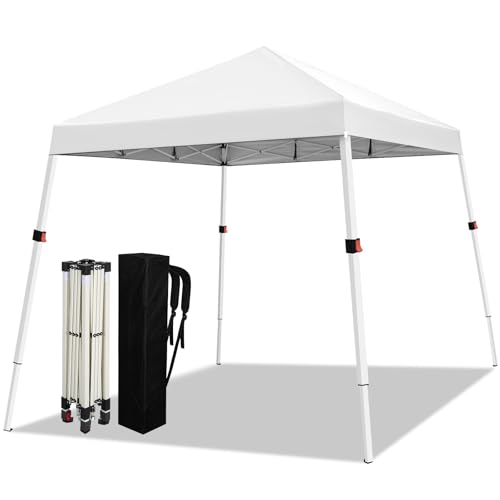 WEIZE 10x10 Slant Legs Pop Up Canopy Tent, 1-Button Push Setup Canopy Tent, Adjustable Height Instant Portable Shelter, Protable Backpack, Easy Outdoor Sun Shade for Events, 8x8 Top, White - color: White