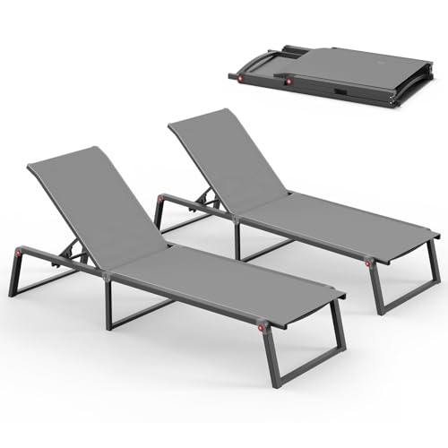 Aluminum Chaise Lounge Chair Outdoor, Foldable& No Assembly Patio Pool Lounge Chairs 5-Position Recliner for Outside, Fully Grounded Legs Sun Lounger for Poolside, Dark Grey, 2 Pack - color: Dark Grey, size: 2
