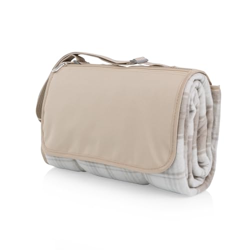 Picnic TIME Outdoor Picnic Blanket Tote, 59"x51" Foldable Beach & Camping Blanket with Soft Fleece, Water-Resistant Bottom, Adjustable Strap & Zippered Pocket (Neutral Plaid) - color: Neutral Plaid
