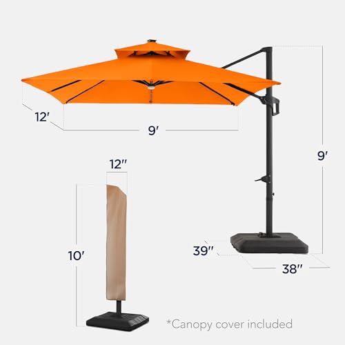 Best Choice Products 9x12ft LED Cantilever Patio Umbrella w/Base Included & 360° Rotation, Large Solar Offset Hanging Outdoor Sun Shade for Deck, Backyard Table w/Stand & Lights – Orange - color: Orange, size: 9x12ft