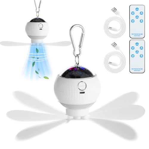 Aurelema 2 Sets Camping Fan with Star Projector 3 in 1 Rechargeable Ceiling Fan with LED Lantern Portable Tent Fans for Camping Hanging with Remote Control Outdoor Camping RV Essentials Indoor Decor