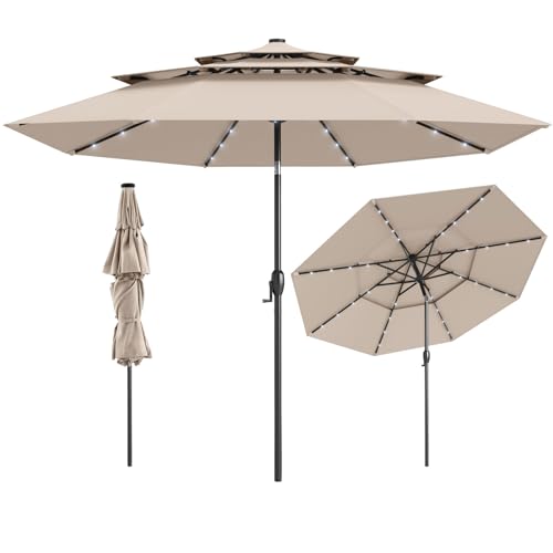 Tangkula 10 FT Solar LED Patio Umbrella, 3-Tier Vented Outdoor Market Table Umbrella with 32 LED Lights, Tilt Adjustment, Crank Handle, 8 Ribs for Backyard Pool Deck (Beige) - color: Beige