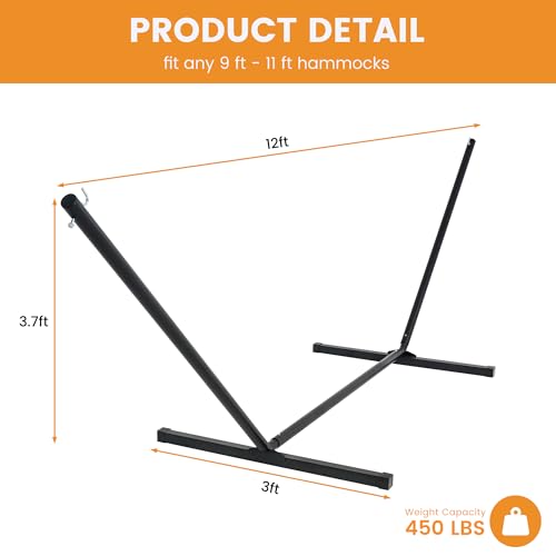 Lazy Daze Hammocks Portable 2 Person Heavy Duty Steel 12 FT Hammock Stand with Hooks and Chains for Outside, Patio, Backyard, 450 Pounds Capacity, Black - color: Black, size: 12 FT