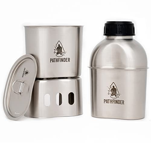The Pathfinder School Metal Canteen Cooking Set - Survival Gear - Camping Essentials Mess Kit - Military Grade Outdoor Eating Kit - Hiking and Trail Cook Set